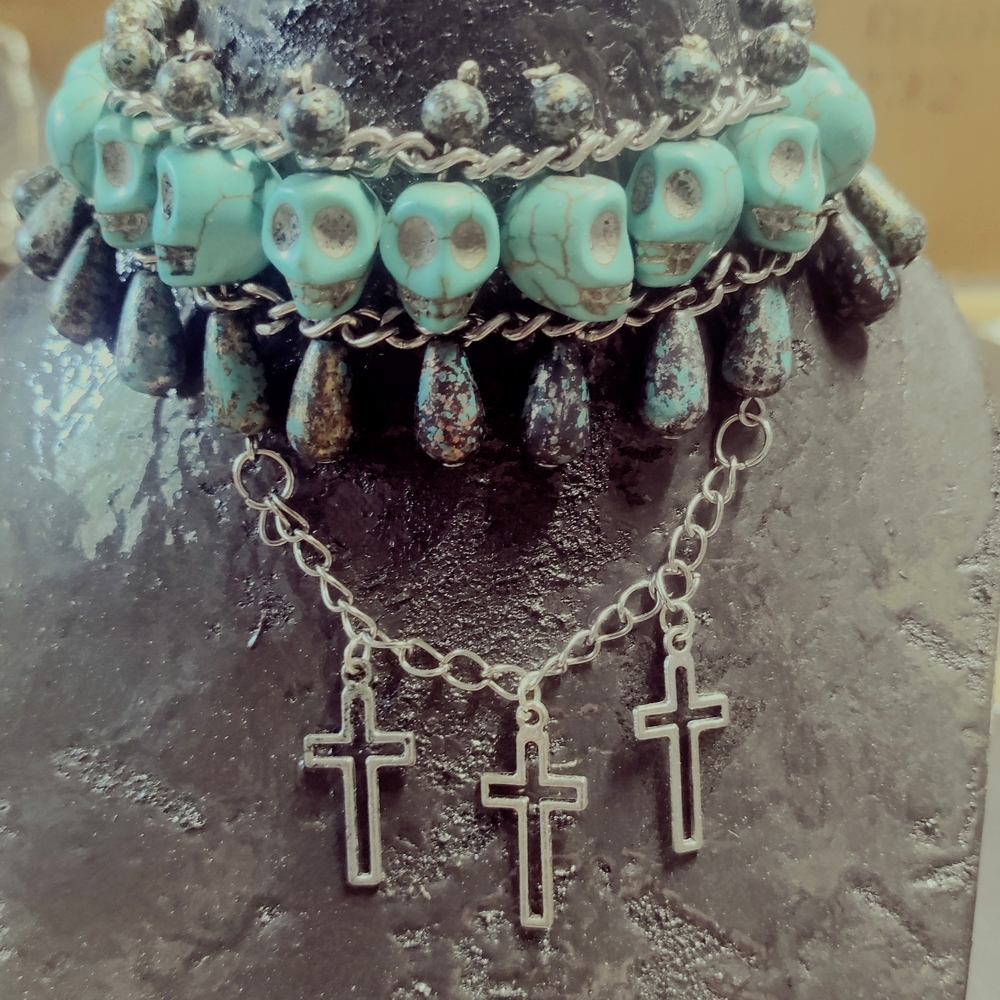 Turquoise Skull and Cross Charm Necklace